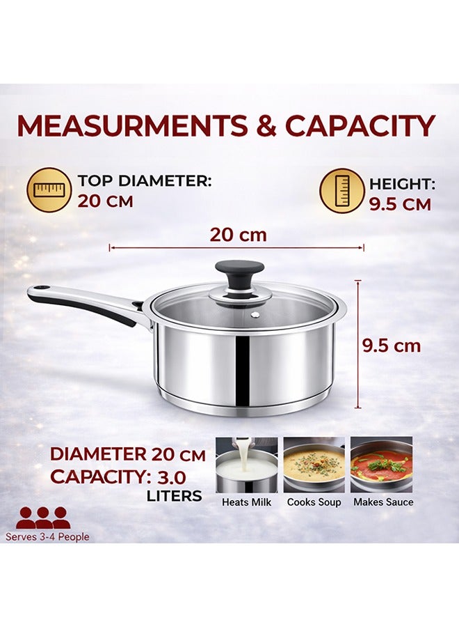 SONEX Mega Stainless Steel Sauce Pan, 20 cm (3 Ltr) with Glass Lid – Ergonomic Cool Handle, Sandwich Bottom, Sleek Modern Appearance, Ideal for Sauces, Soups & More - Image 3